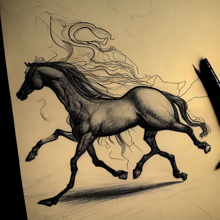 Detailed pencil sketch of galloping horse on textured paper with flowing mane