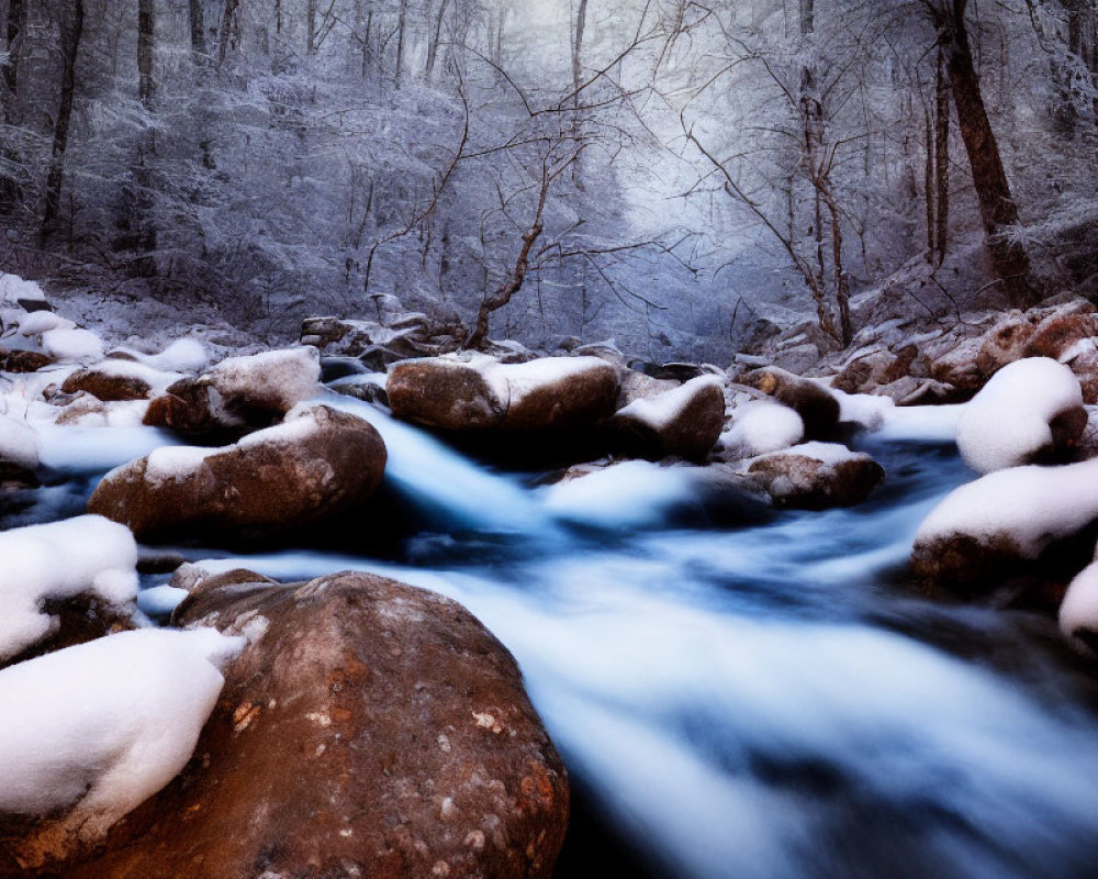 Winter landscape: stream among snow-covered rocks in serene wooded setting