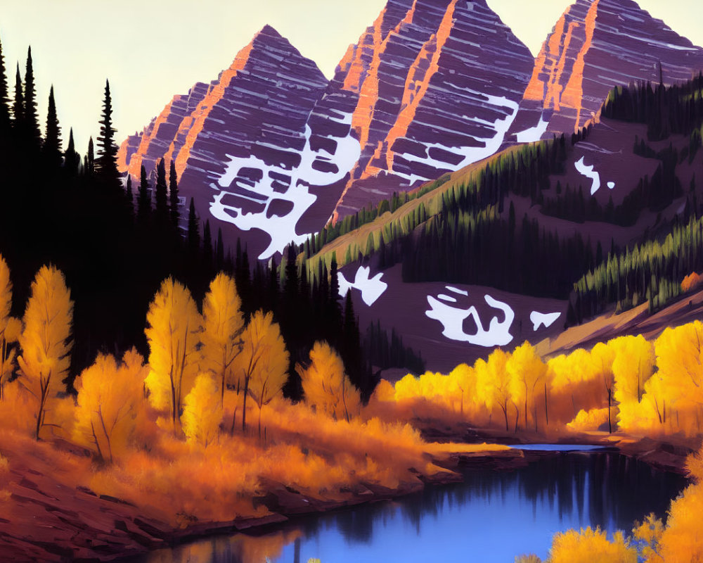Scenic autumn landscape with yellow aspen trees, blue river, and snowy mountains