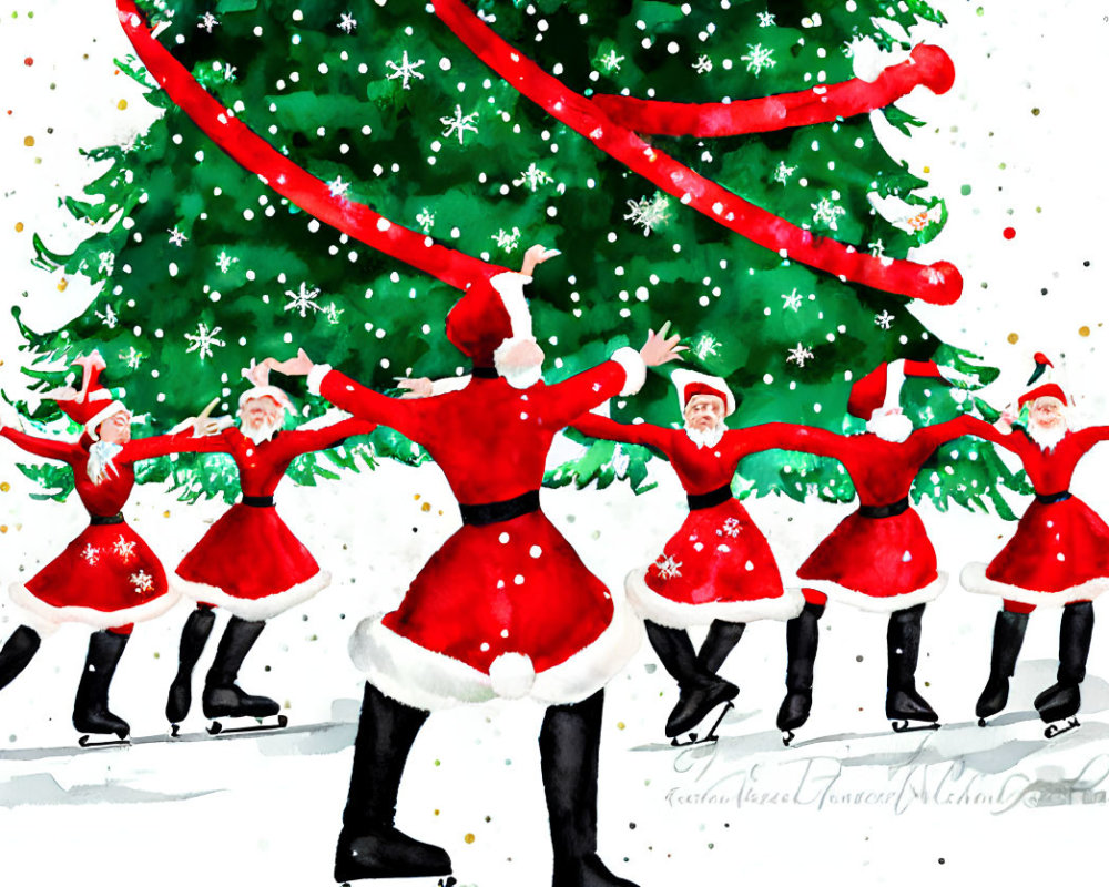 Vibrant Santa Claus group dancing in snow with Christmas tree