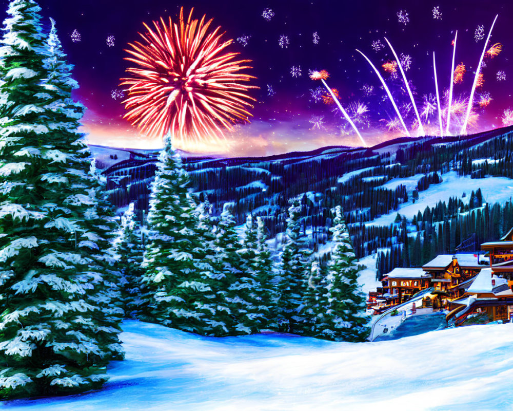 Colorful fireworks above snowy mountain village with ski slopes