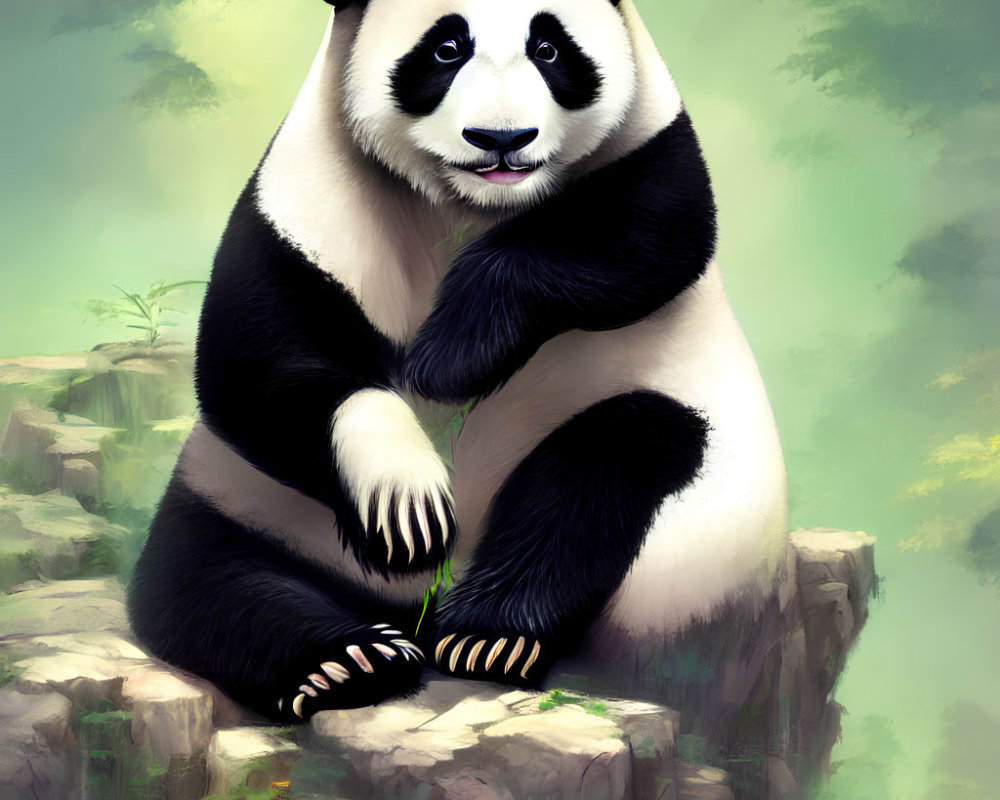 Giant panda sitting on rocky outcrop surrounded by green foliage