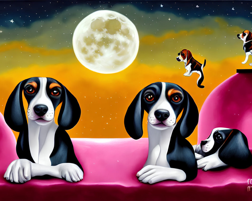 Vibrant Stylized Beagle Dogs Artwork on Pink Terrain with Moon & Stars