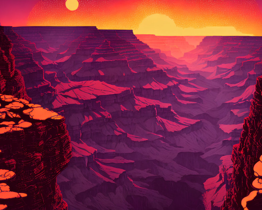 Red and purple canyon landscape with large sun - Illustration of a stunning natural scene