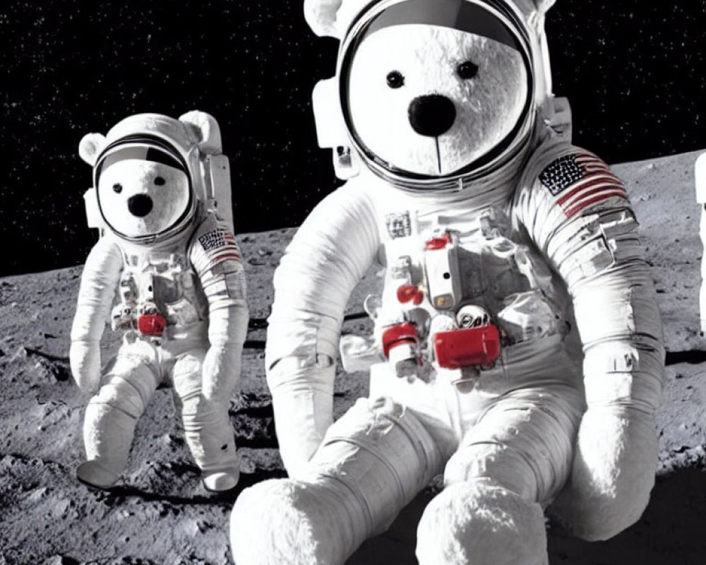 Whimsical astronaut teddy bears on lunar surface