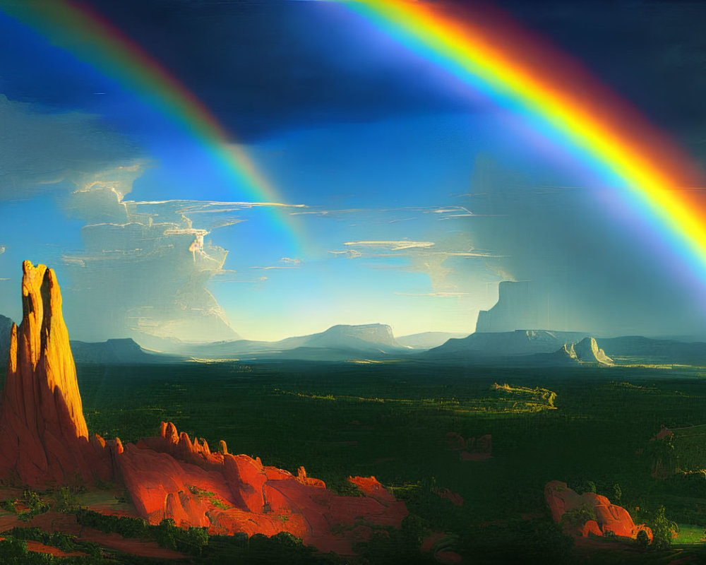 Vivid rainbow over dramatic desert landscape with red rock formations