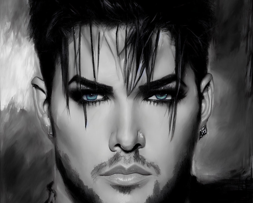 Monochrome digital portrait of a person with blue eyes, dark hair, goatee, and earring
