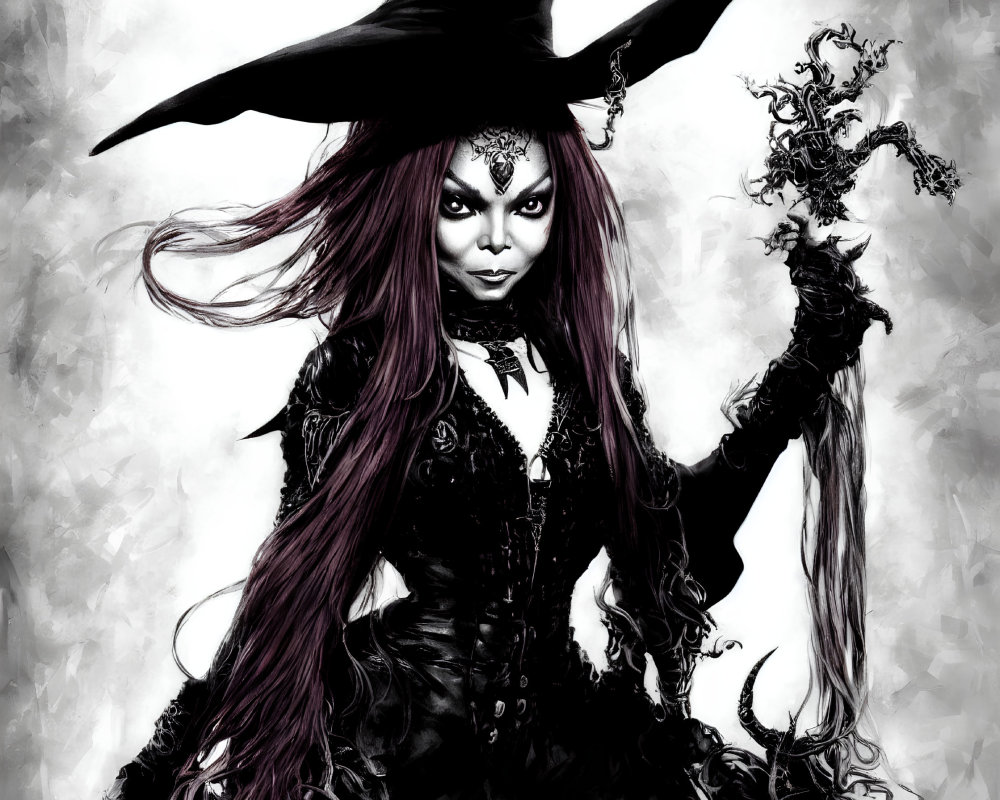 Stylized witch with pointed hat and staff on monochrome background