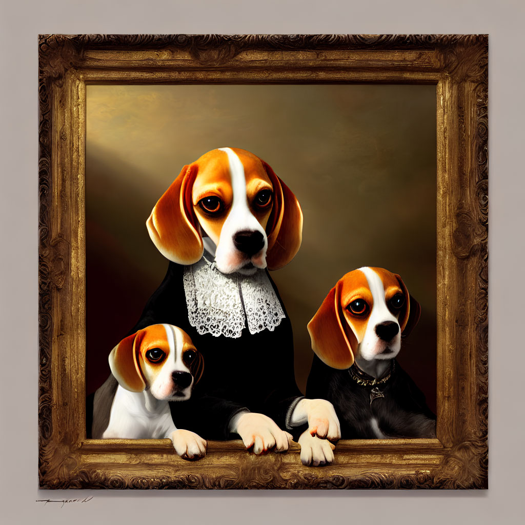 Three Beagles in Human-Like Attire in Ornate Golden Frame