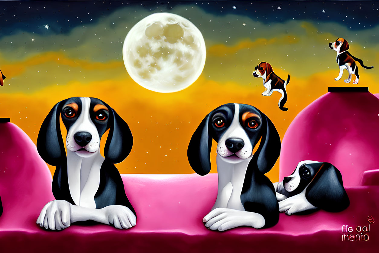 Vibrant Stylized Beagle Dogs Artwork on Pink Terrain with Moon & Stars