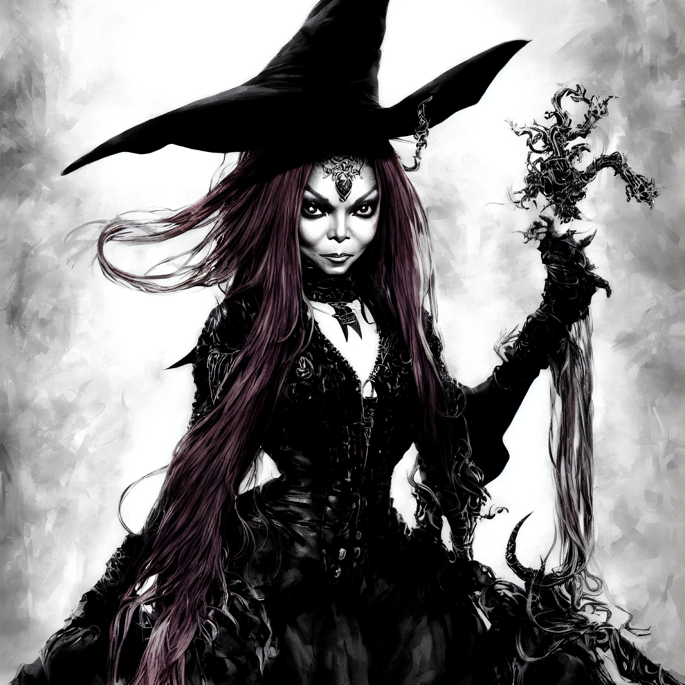 Stylized witch with pointed hat and staff on monochrome background