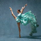 Ballerina in Turquoise Costume with High Leg Extension and Oversized Flowers