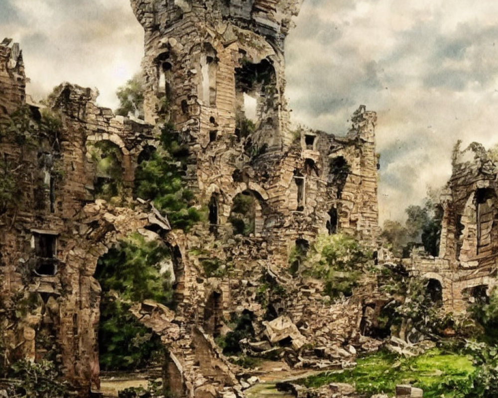 Crumbling Stone Castle Ruins Covered in Vegetation under Cloudy Sky