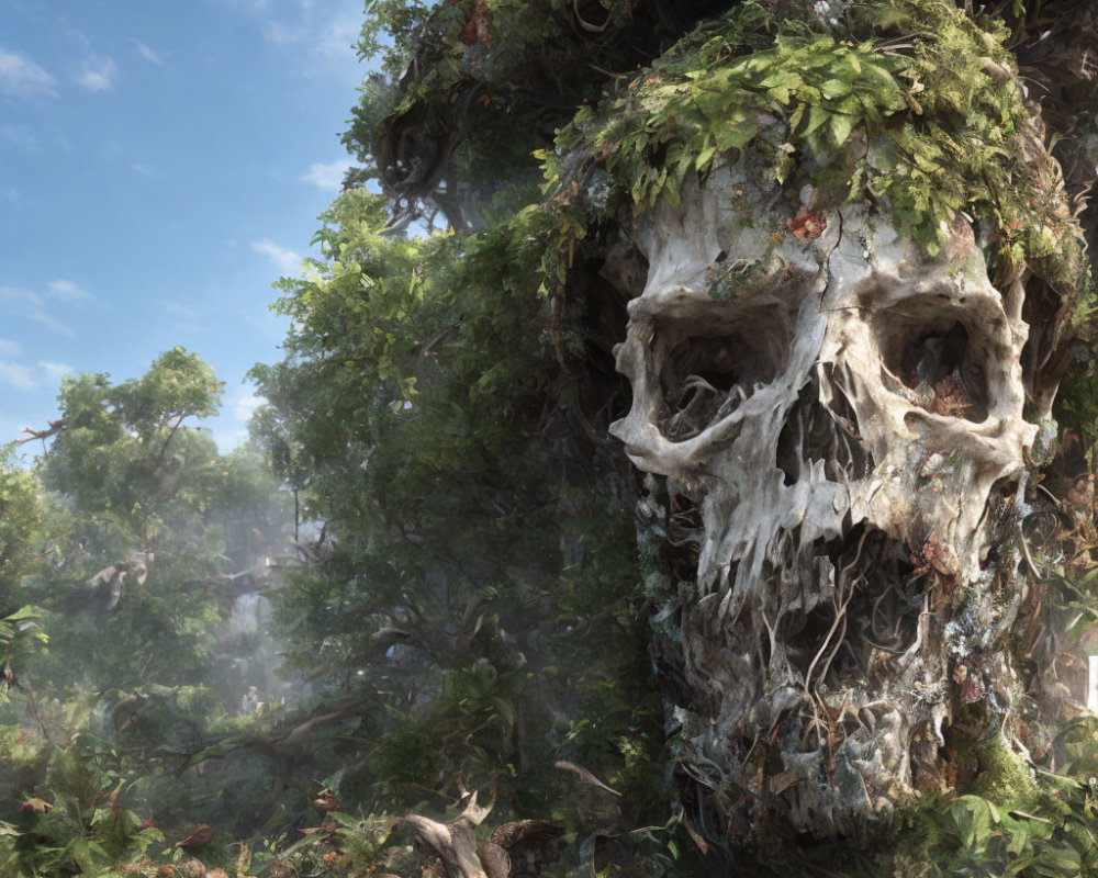 Skull-shaped rock formation in lush forest with moss and plants