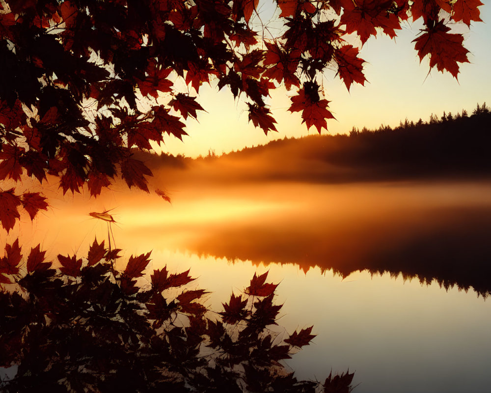 Tranquil autumn lake scene at sunrise with mist and colorful leaves
