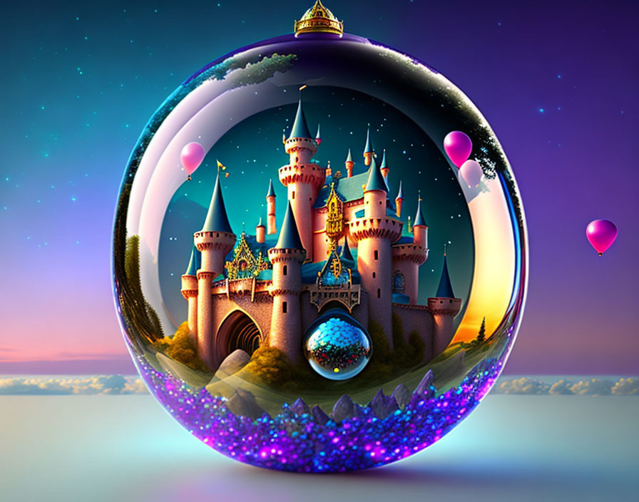 Whimsical castle in transparent sphere with floating balloons on twilight sky backdrop