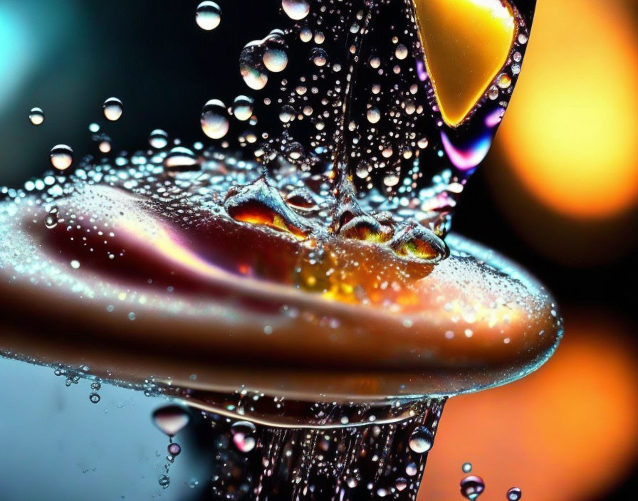 Colorful blurred background with suspended water droplets: dynamic light and liquid interplay