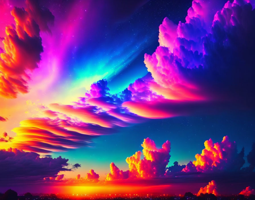 Surreal and vibrant sunset with rich colors and stars