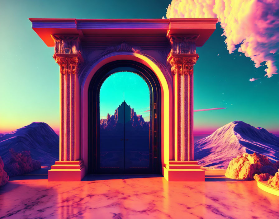 Ornate gateway to surreal landscape with purple sky