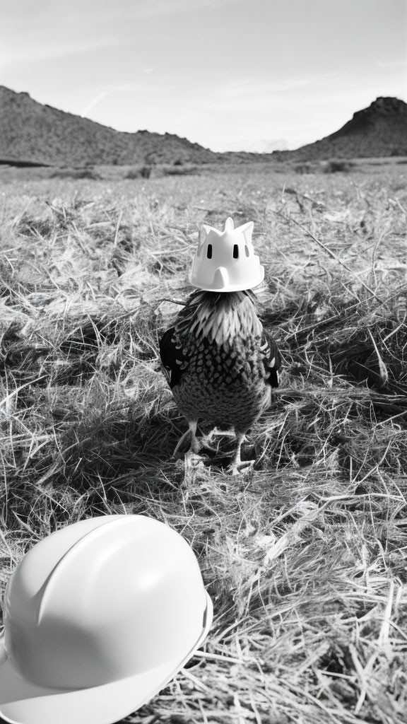 Chicken with Crown Eggshell in Field with Hard Hat and Mountain Landscape