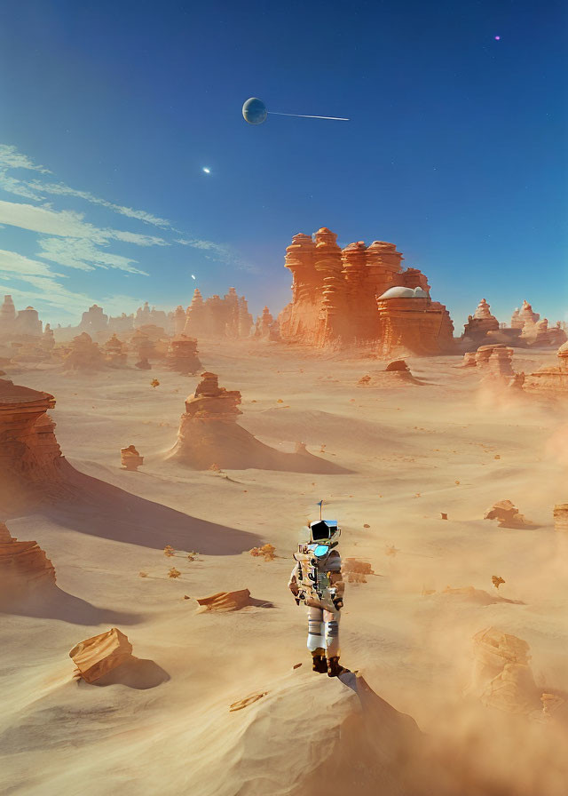 Astronaut on alien desert landscape with red rocks and multiple celestial bodies