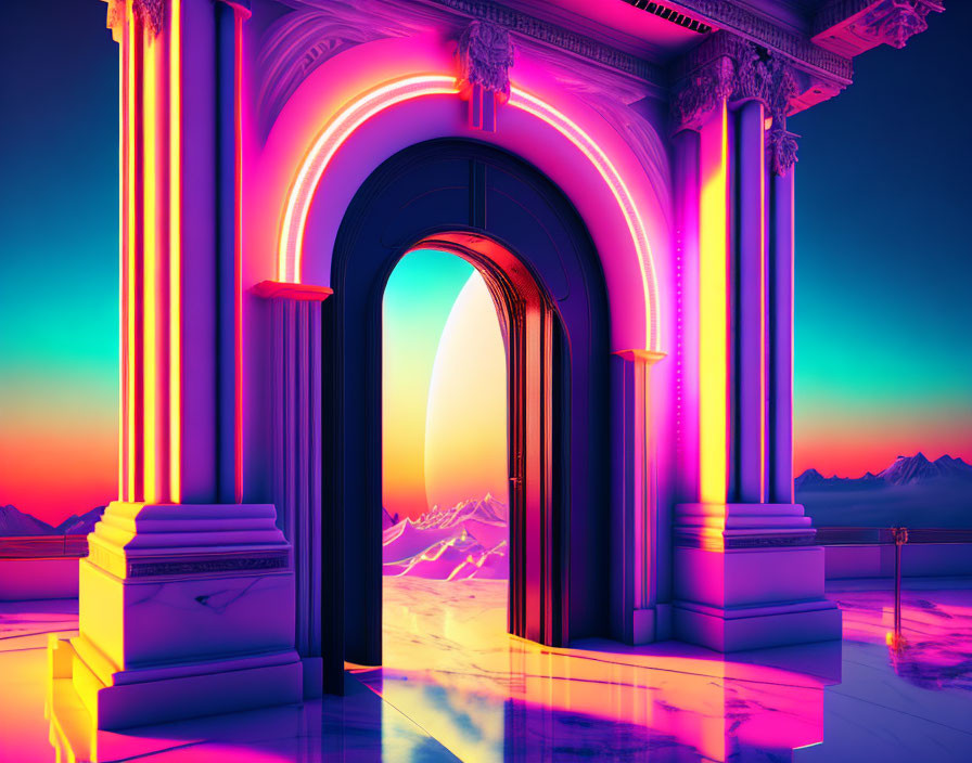 Surreal archway with neon lighting and mountain view