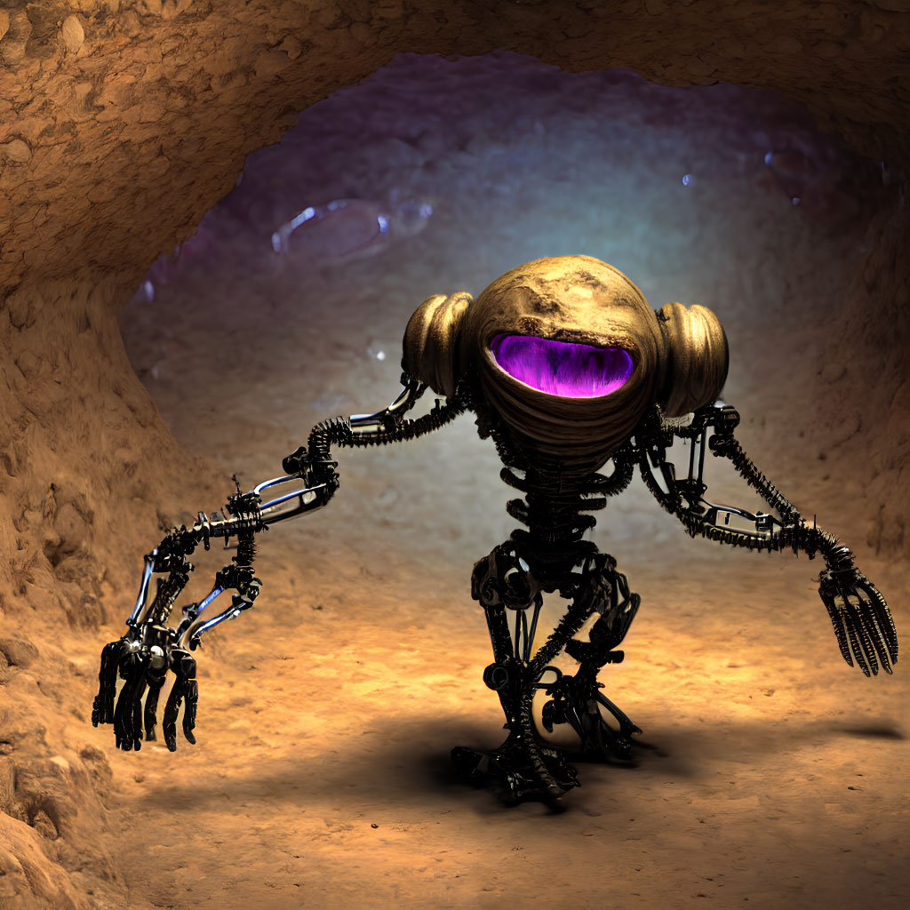 Robot with spherical body and purple glowing eyes in rocky cave