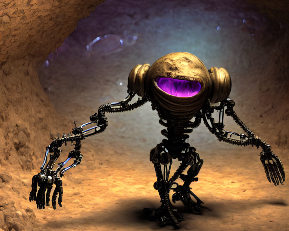 Robot with spherical body and purple glowing eyes in rocky cave