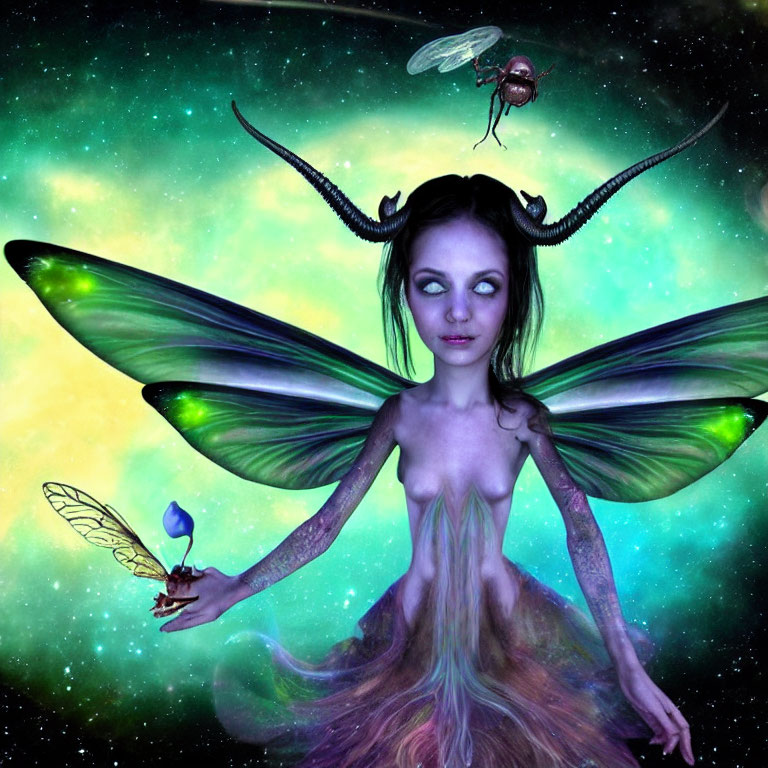 Fantastical creature with dragonfly wings holding a flower in space scene