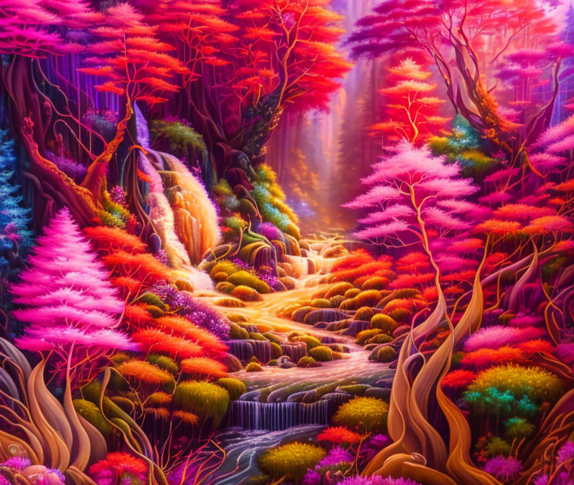Multicolored trees in mystical forest with cascading waterfalls