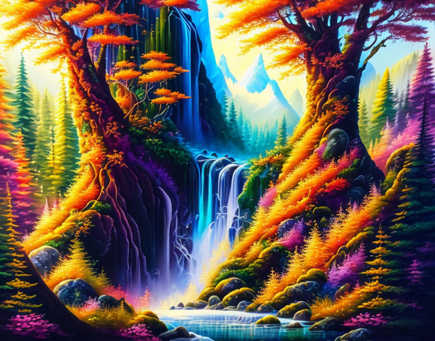 Mystical forest digital painting with waterfall & colorful foliage