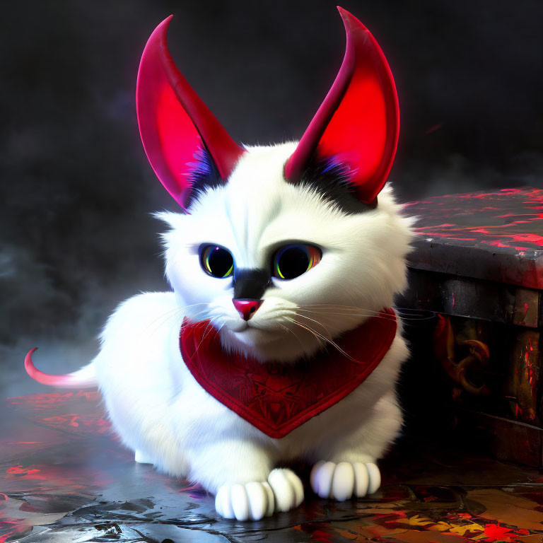Whimsical white cat with red ears and tail in dark setting