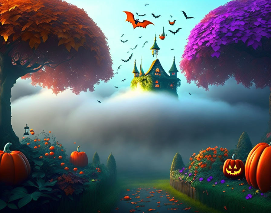 Fantasy Halloween landscape with castle, colorful trees, pumpkins, bats, and foggy pathway