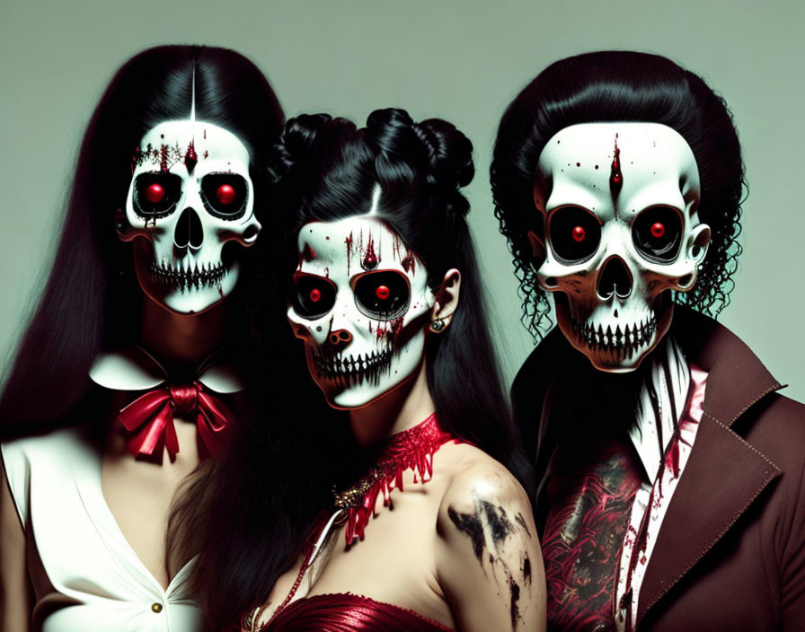 Artistic Skull Makeup Trio on Dark Background: Macabre Elegance