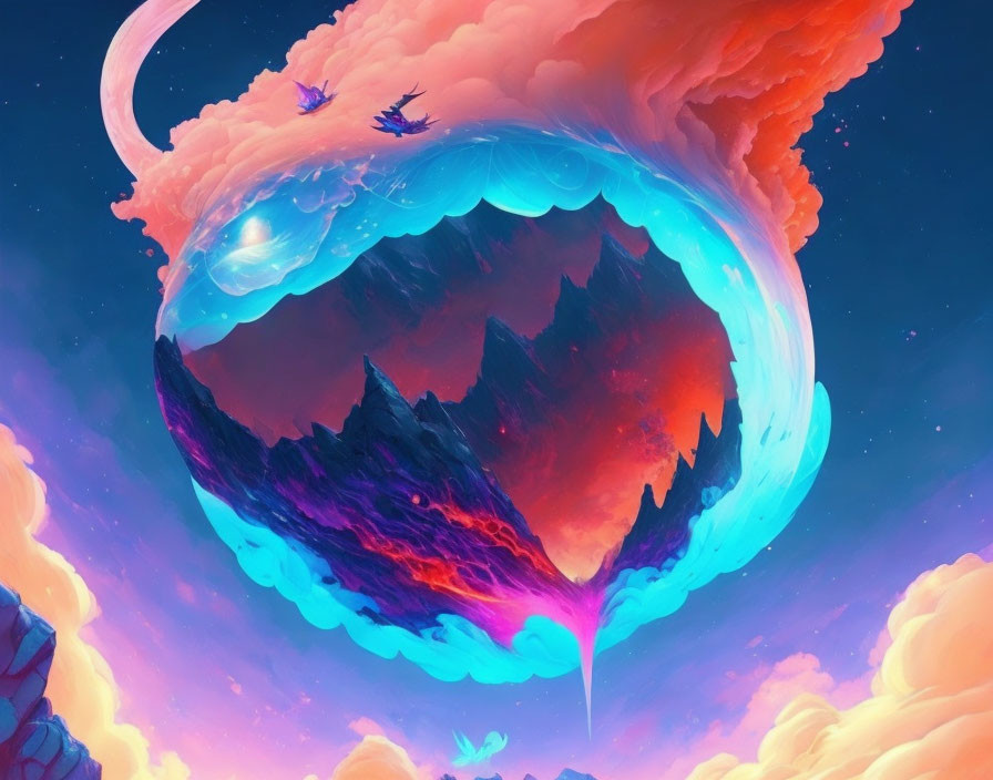 Digital Art: Inverted Mountain Floating in Bubble with Surreal Sky