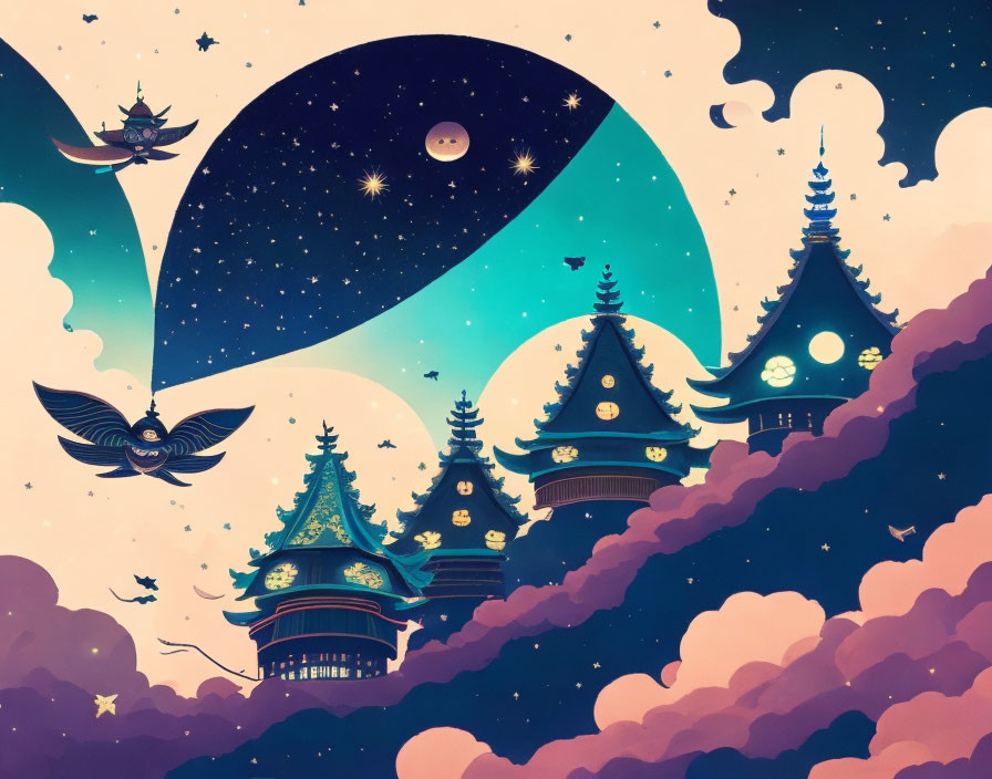Whimsical Asian-style pagodas under crescent moon