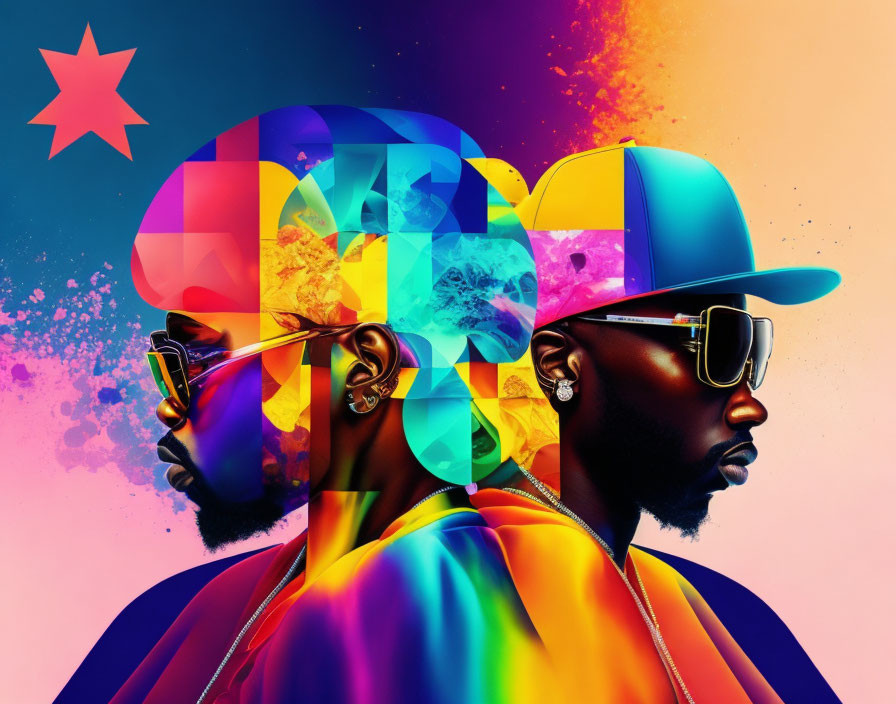 Colorful Silhouette Art: Two Men in Profile with Sunglasses and Caps