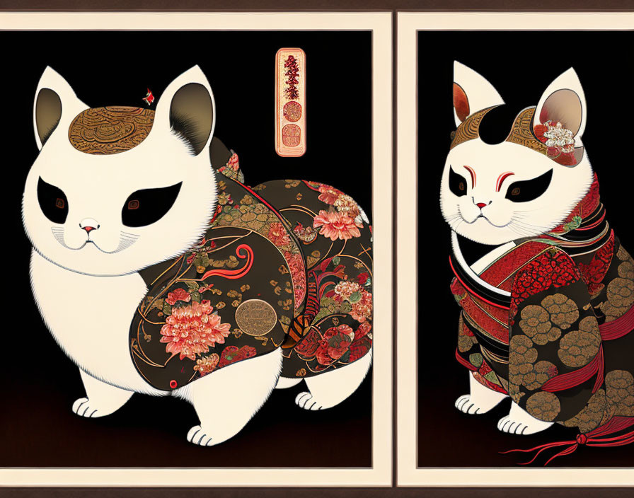 Stylized illustrations: Cats in Japanese attire on dark background