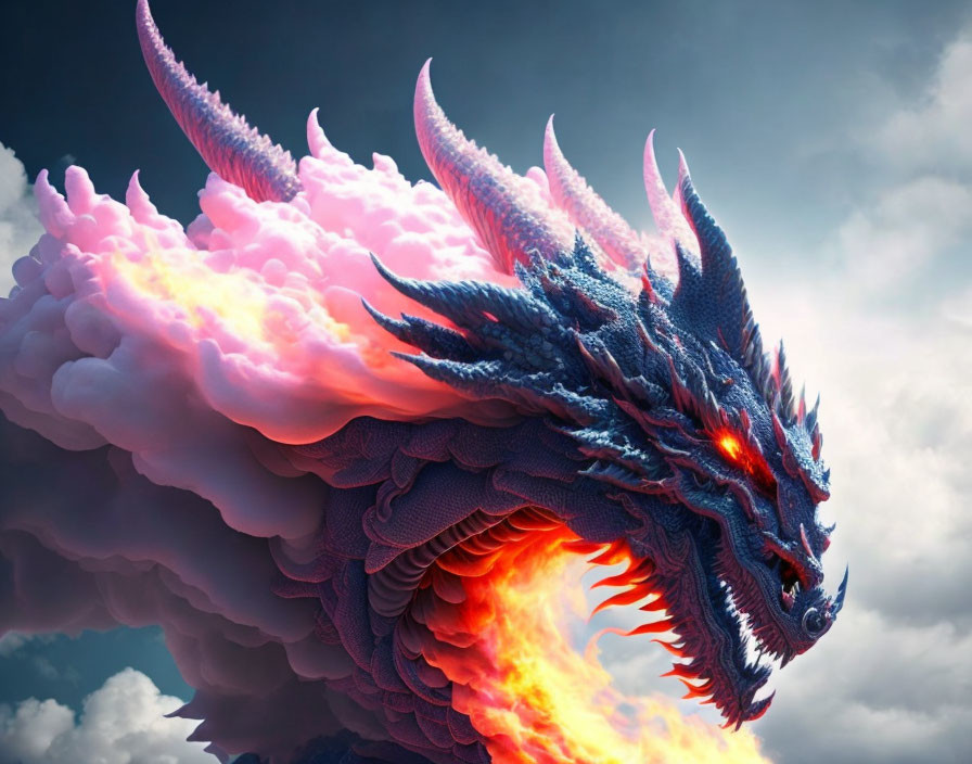Majestic blue dragon breathing fire in dramatic sky