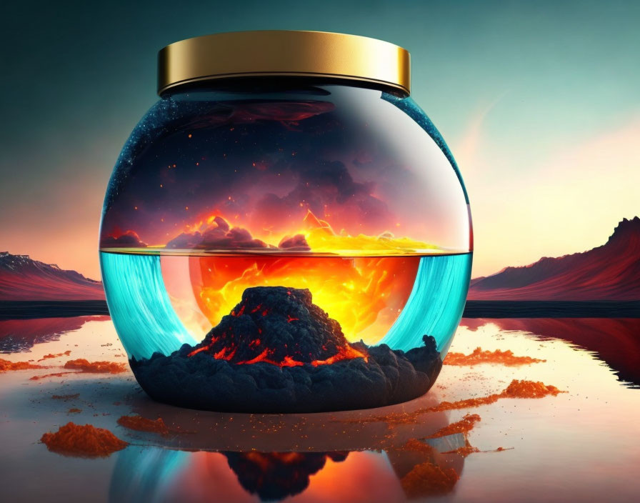 Surreal image: Jar with miniature volcanic eruption and vibrant reflected landscape