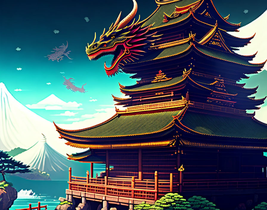 Stylized pagoda with flying dragons and Mount Fuji backdrop