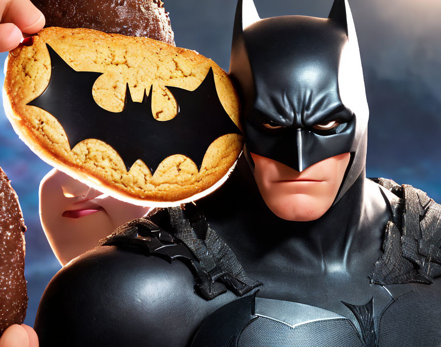 Person in Batman Costume Holding Batman Logo Cookie with Blurred Figure