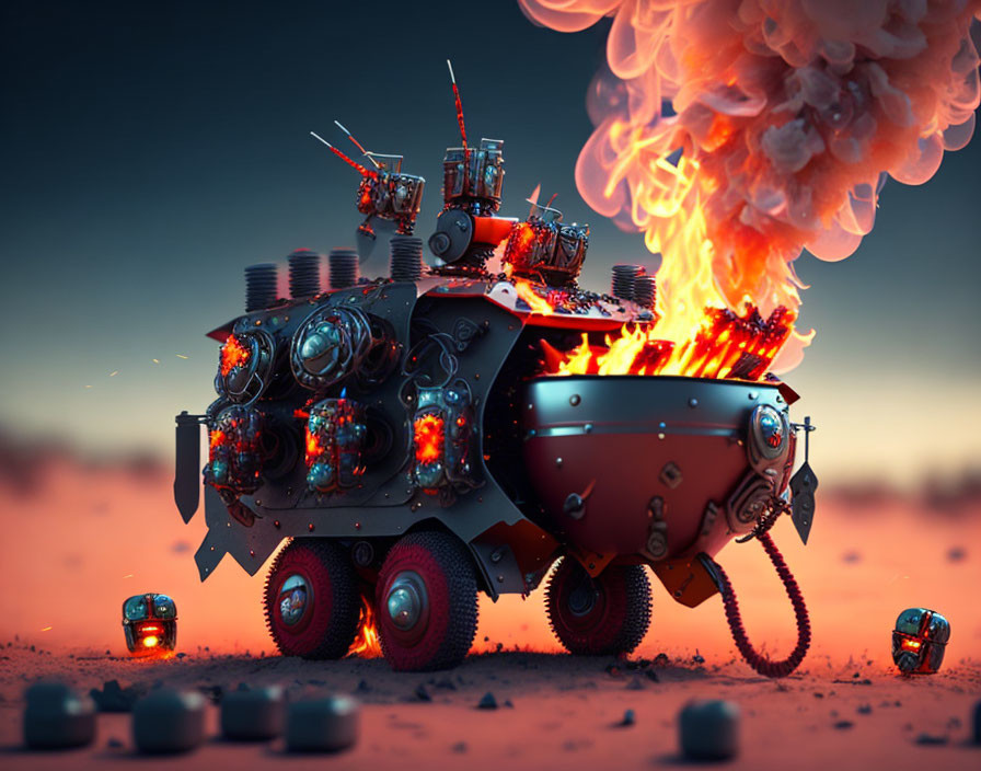 Whimsical robotic vehicle emitting smoke and flame on red sandy terrain