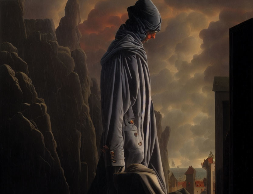 Cloaked figure on precipice overlooking dimly lit town & dramatic cloudy sky