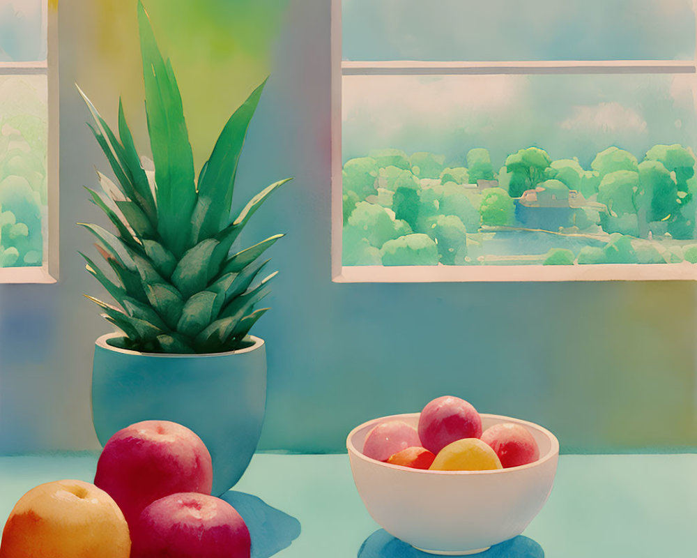 Colorful Still Life with Pineapple, Apples, and Mixed Fruit Bowl by Window