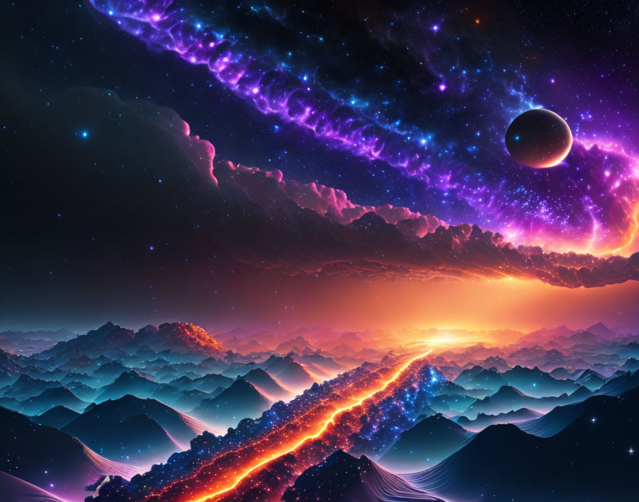 Colorful cosmic landscape with lava rivers, mountains, stars, planets, and nebula