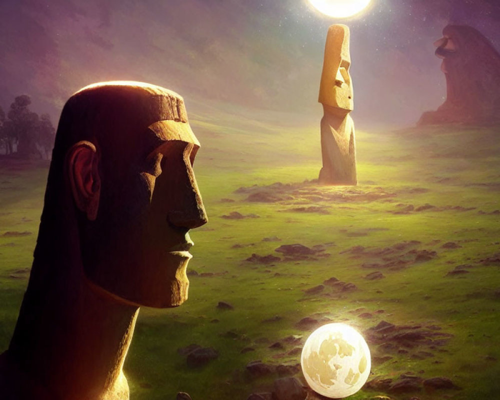 Surreal landscape with Moai statues and oversized moon