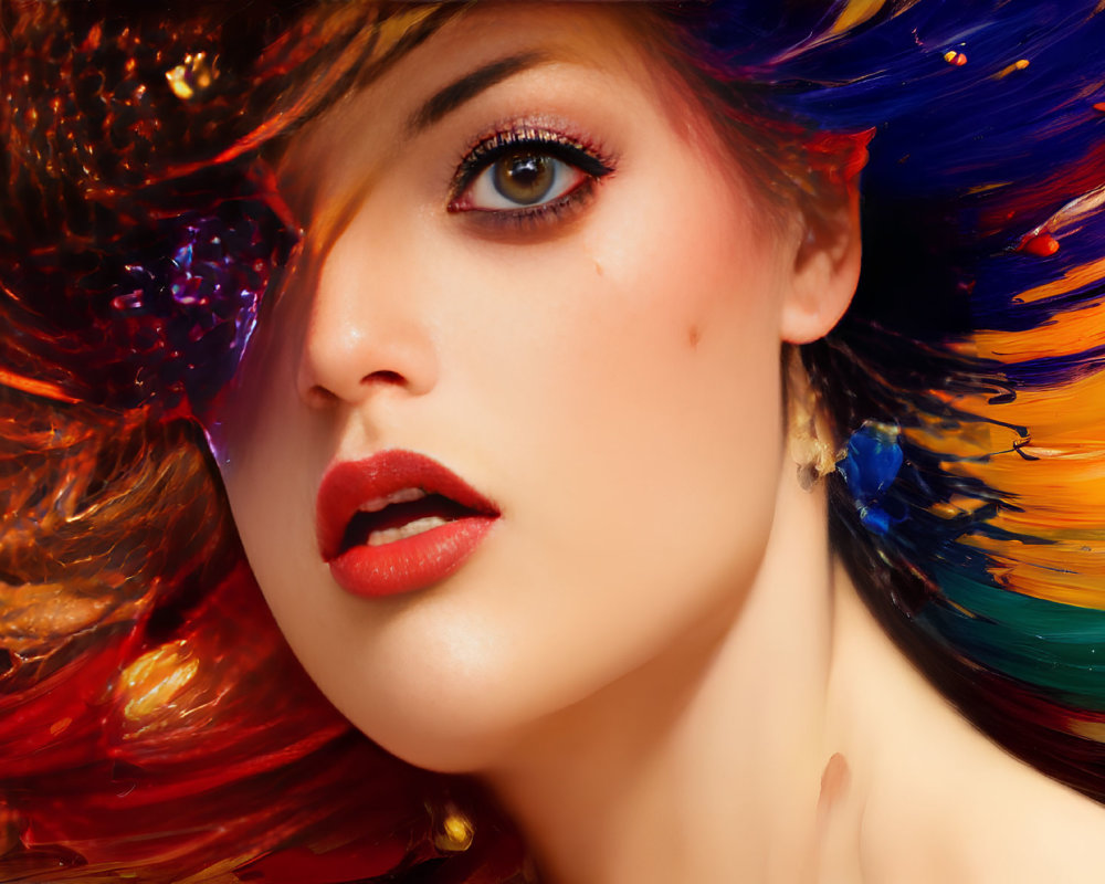Vibrant woman with fiery red, orange, and blue hair and striking makeup.