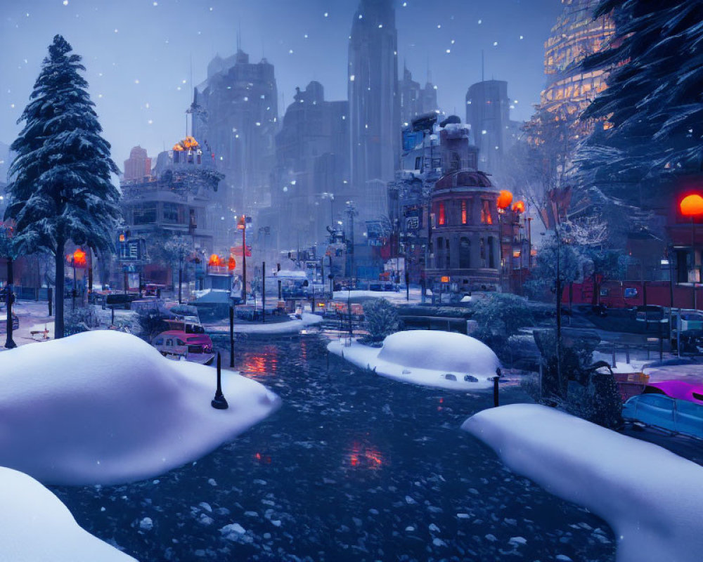 Snow-covered cityscape at dusk with twinkling lights and mist-covered buildings