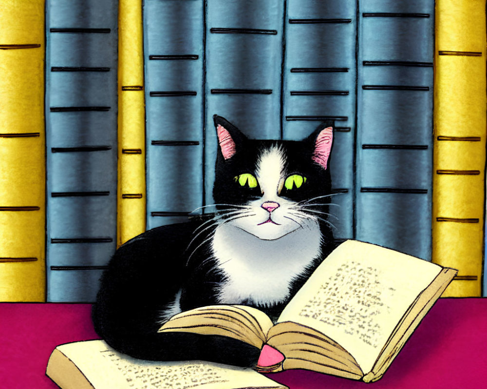 Black and white cat with yellow eyes next to open book, purple curtains and yellow wall